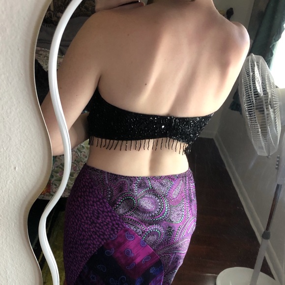 Andretti Donatello Black sequin beaded strapless bandeau top with fringe - Picture 3 of 8